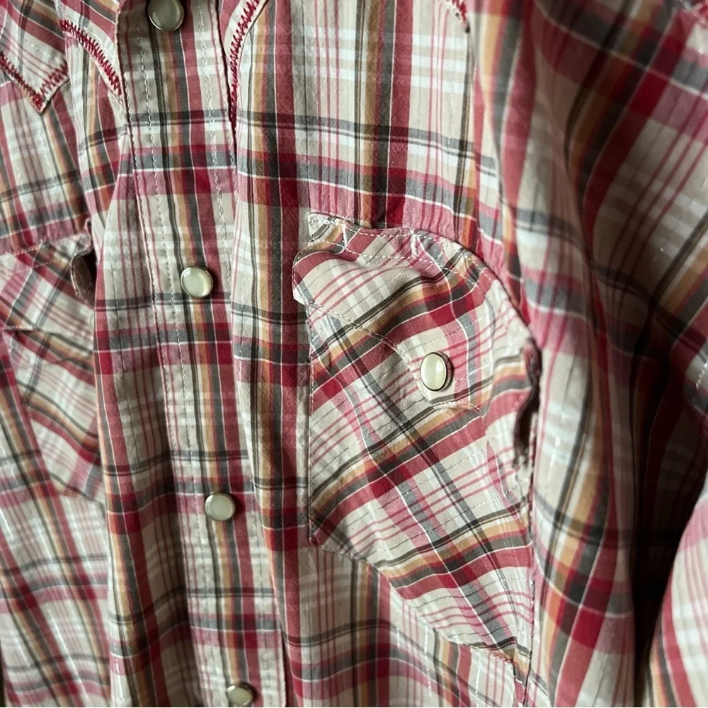 Wrangler Mens Short Sleeve Snap Close Red/white/orange/silver Plaid Shirt Sz XL - Picture 7 of 16